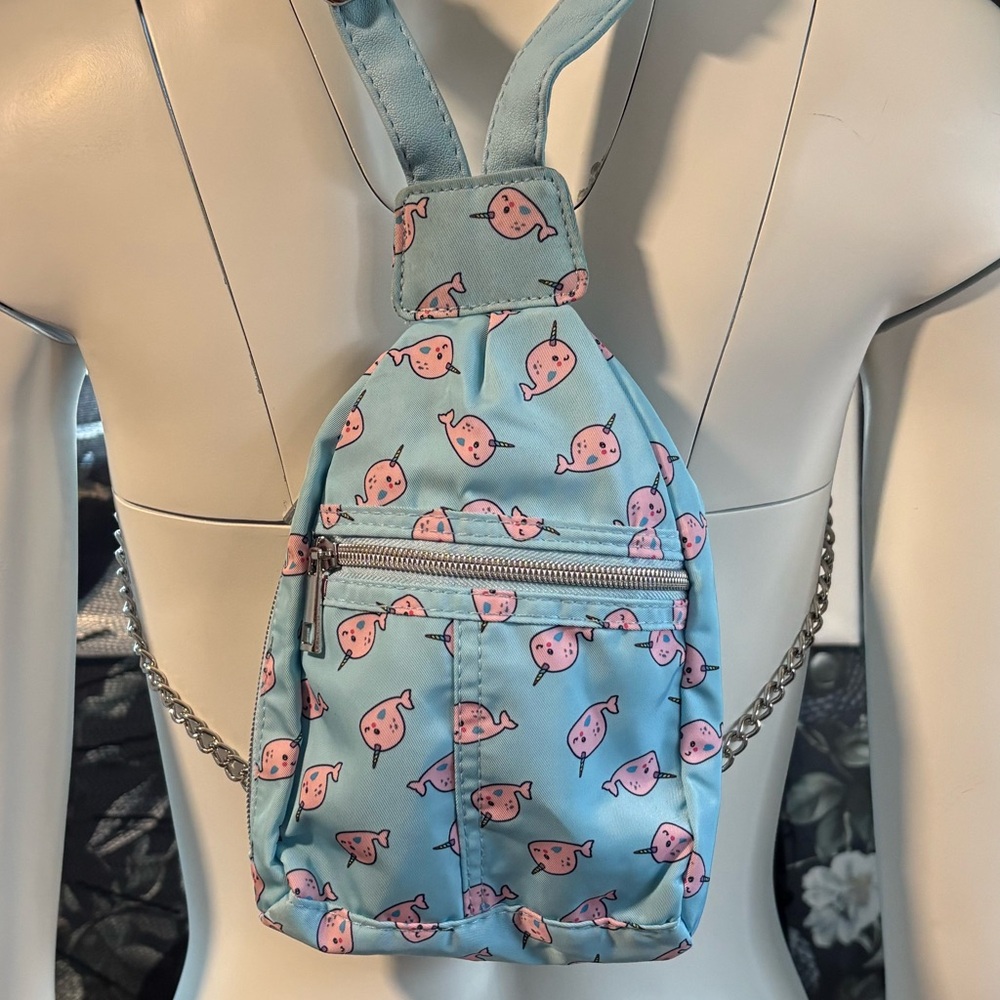 Blue and Pink Narwal Backpack with chain detail